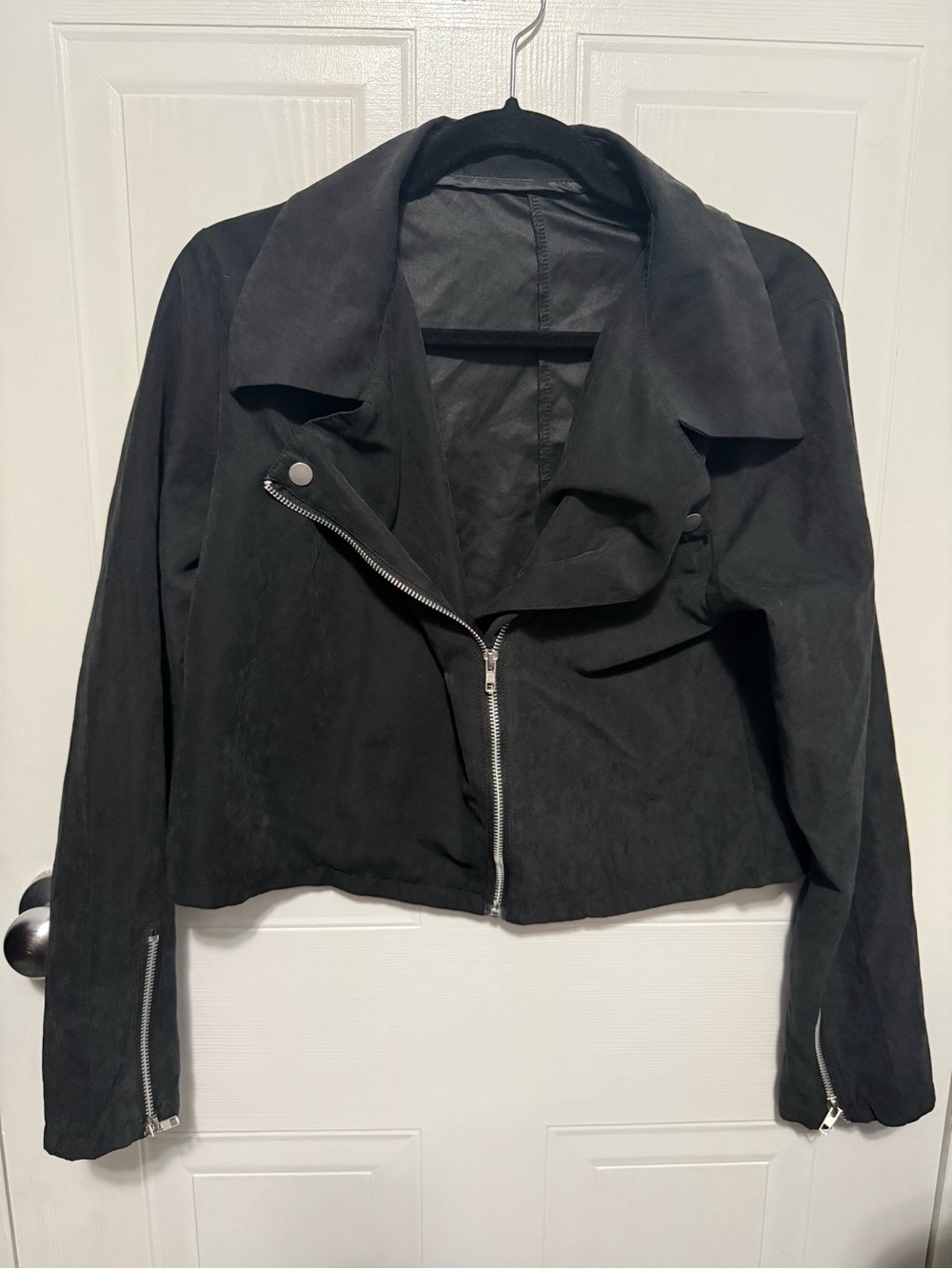 Black Faux Suede Moto Jacket Crop - Women's